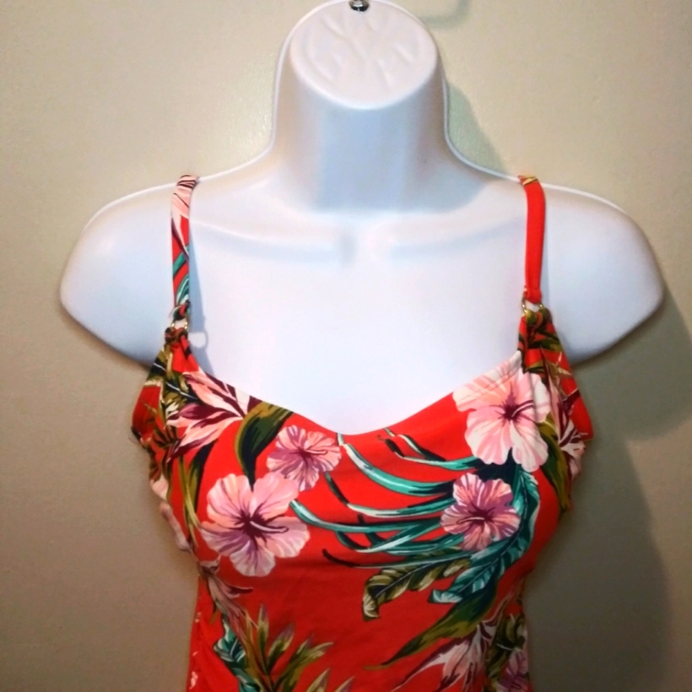 Kona Sol Coral & Multi Floral Hawaiian Print One Piece Ladder Back Swimsuit - Picture 3 of 13